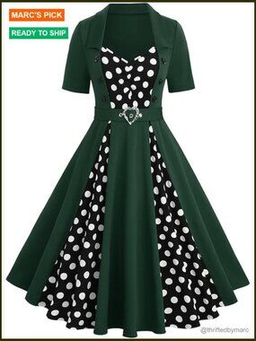 Plus Size Retro 1950s Vintage Pinup Swing Dress Midi V-Neck